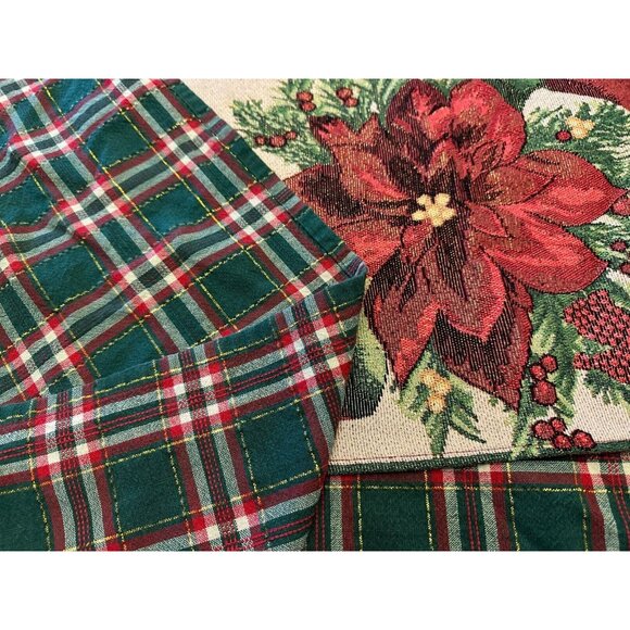 Christmas tapestry Linens 4 Placematt  1 Runner 1 tablecloth poinsettia plaid - Picture 11 of 16